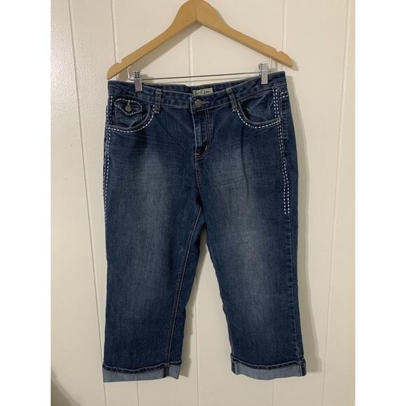 Earl Denim - Earl Jean Capri Size 14 Flap Pockets Embroidery Thick Stitch Embellished Cuff